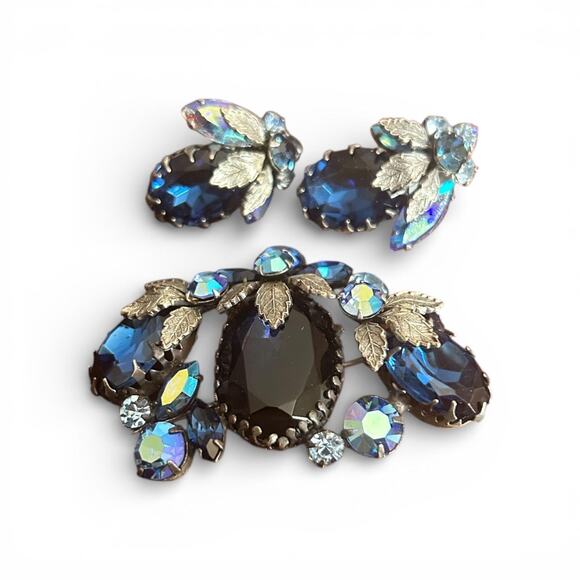 Vintage Regency Rhinestone Brooch and Clip-on Earring Set Sapphire Blue AB